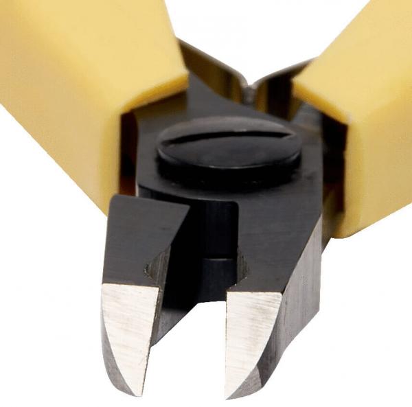 The image shows a pair of pliers with yellow handles. The head of the pliers is made of black metal and has sharp, straight edges, ideal for cutting wires or smaller objects.