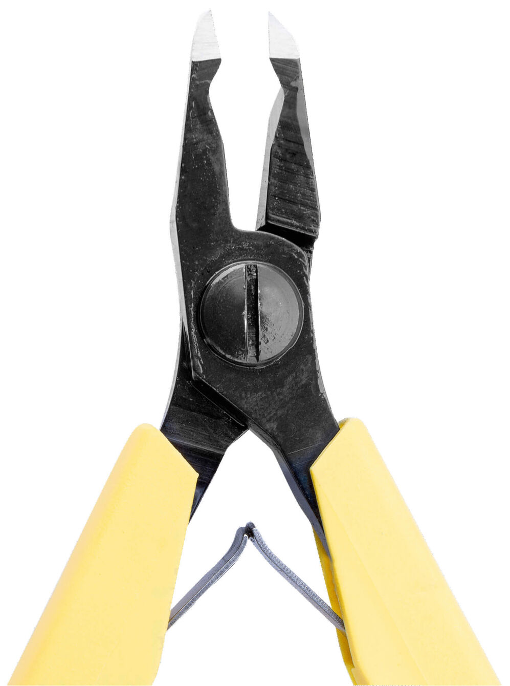The image shows a pair of pliers with black, serrated jaws and yellow, ergonomic handles. The screw clamp in the middle allows for the opening and closing of the jaws.