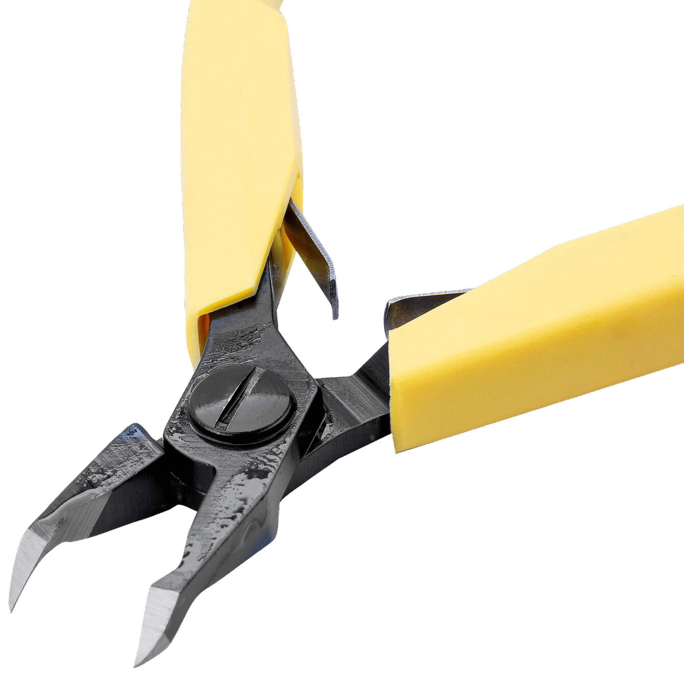 The image shows a pair of pliers with yellow rubber handles. The handles are slightly curved, and the tips of the pliers are narrow and sharp, ideal for precise tasks.