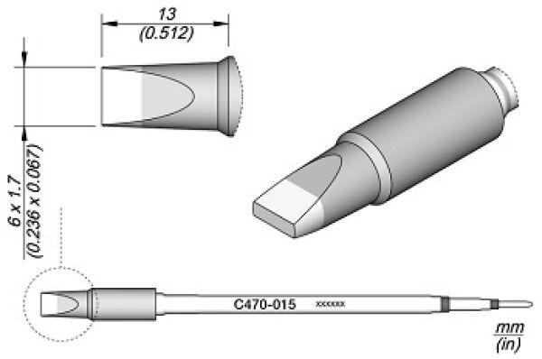Das Bild zeigt eine technische Zeichnung eines Objekts. Es hat eine konische Spitze und einen zylindrischen Griff. Maßangaben sind sichtbar, die Länge ist etwa 13 mm.