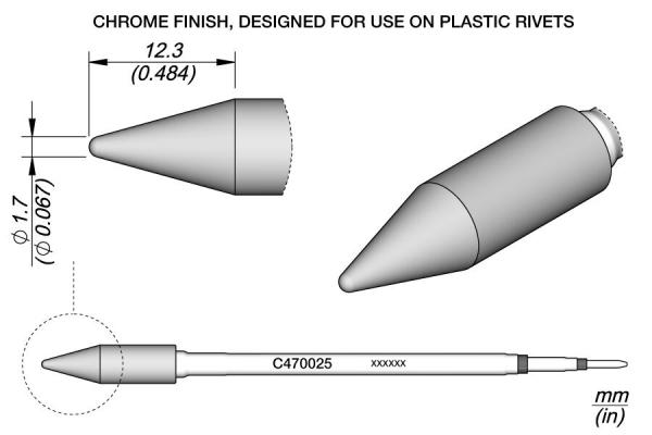 Das Bild zeigt eine technische Zeichnung eines konischen Werkzeugs mit einem chromierten Finish. Es sind Maße und eine Beschriftung angegeben, die dessen Nutzung mit Plastiknieten beschreibt.