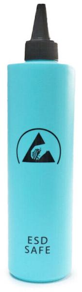 The image shows a tall, turquoise bottle with a black lid. On the front, there is a black symbol featuring a hand and three triangles, below which is written "ESD SAFE".