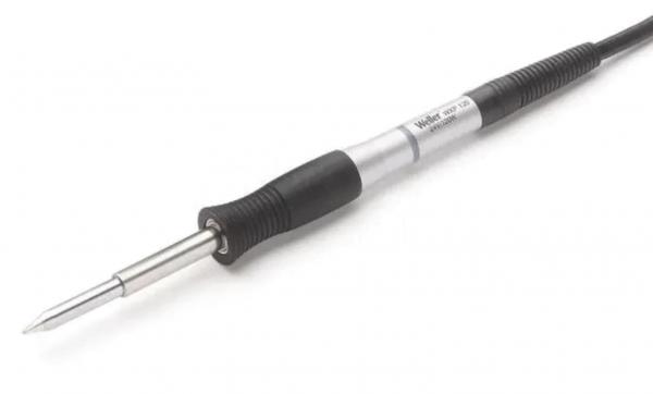 The image shows a soldering iron with a black handle and a long, silver, pointed tip. A cable connects it to a power source.