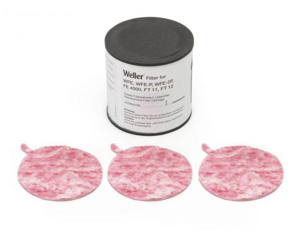 Auf dem Bild ist eine runde Dose mit einem schwarzen Deckel zu sehen, umgeben von drei rosa Filterplättchen. Die Plättchen sind gleich groß und haben eine kleinere Ausstanzung für das Anbringen.