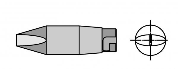 The image shows a graphic representation of ammunition. On the left is the side view of a cartridge shape with a pointed end. On the right is a cross-section that displays the internal structure.
