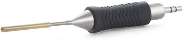 The image shows a tool with a rubberized, ridged handle and a metallic end. It has a long, narrow brass tip and is designed for precise tasks.
