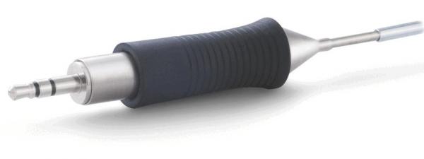 The image shows an audio plug with a metallic tip and a black, rubberized grip. The plug has several grooves and is slim and elongated in shape.