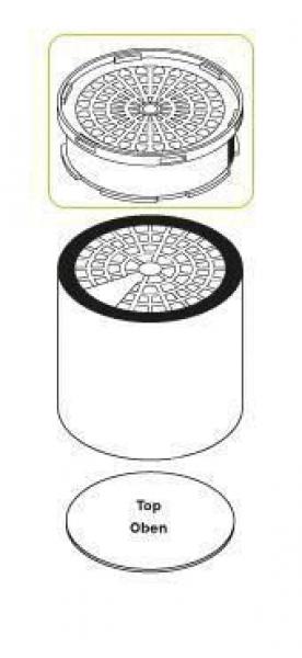 Das Bild zeigt einen zylindrischen Behälter mit einem gitterartigen Deckel. Oben ist eine Draufsicht des Deckels und unten eine Ansicht der Unterseite, die als "Top" gekennzeichnet ist.