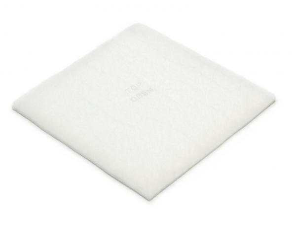 Das Bild zeigt ein quadratisches, flaches Objekt in Weiß. Die Oberfläche ist gleichmäßig und weich, möglicherweise ein Kissen oder eine Matte. Es hat keine erkennbaren Muster oder Texturen.