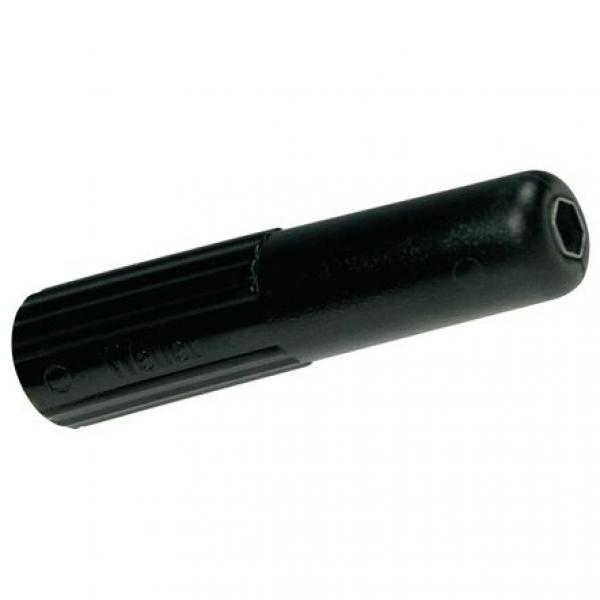 The image shows a black tool attachment, elongated and cylindrical with a hexagonal recess at one end. It has a ridged surface for improved grip.