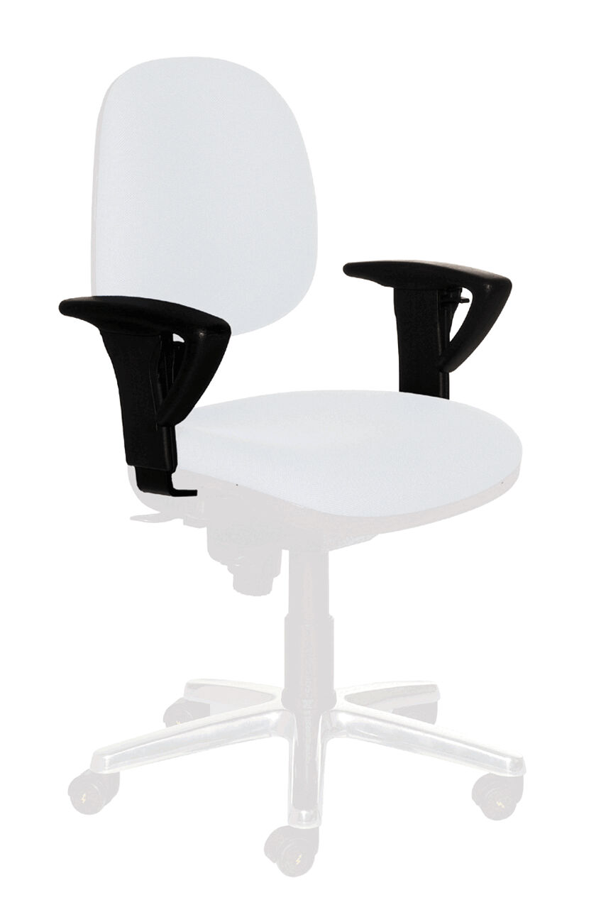 The image shows an office chair with a round backrest, a wide seat, and armrests. The chair has an adjustable height and is mounted on a rolling base.
