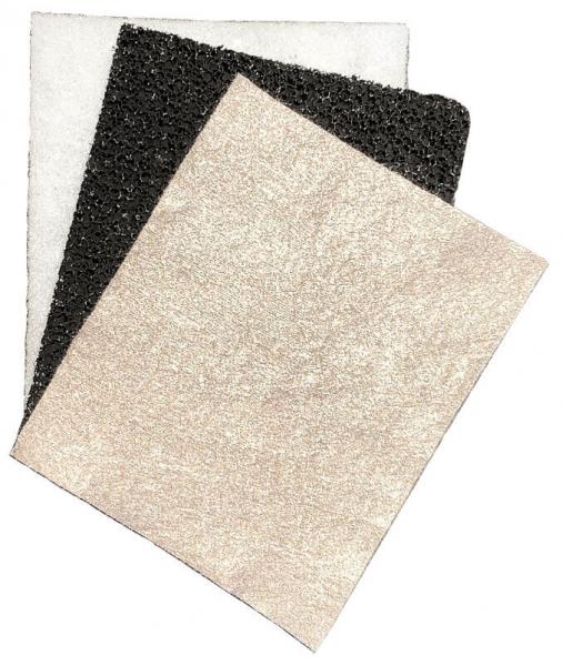 Das Bild zeigt drei verschiedene quadratische Oberflächen. Oben ist eine weiße, darunter eine schwarz-granulare und zuletzt eine glänzende, hellbraune Fläche.