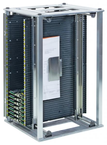 The image shows an open, rectangular rack with many vertical rails. Black panels are arranged on the sides, which could hold various devices.