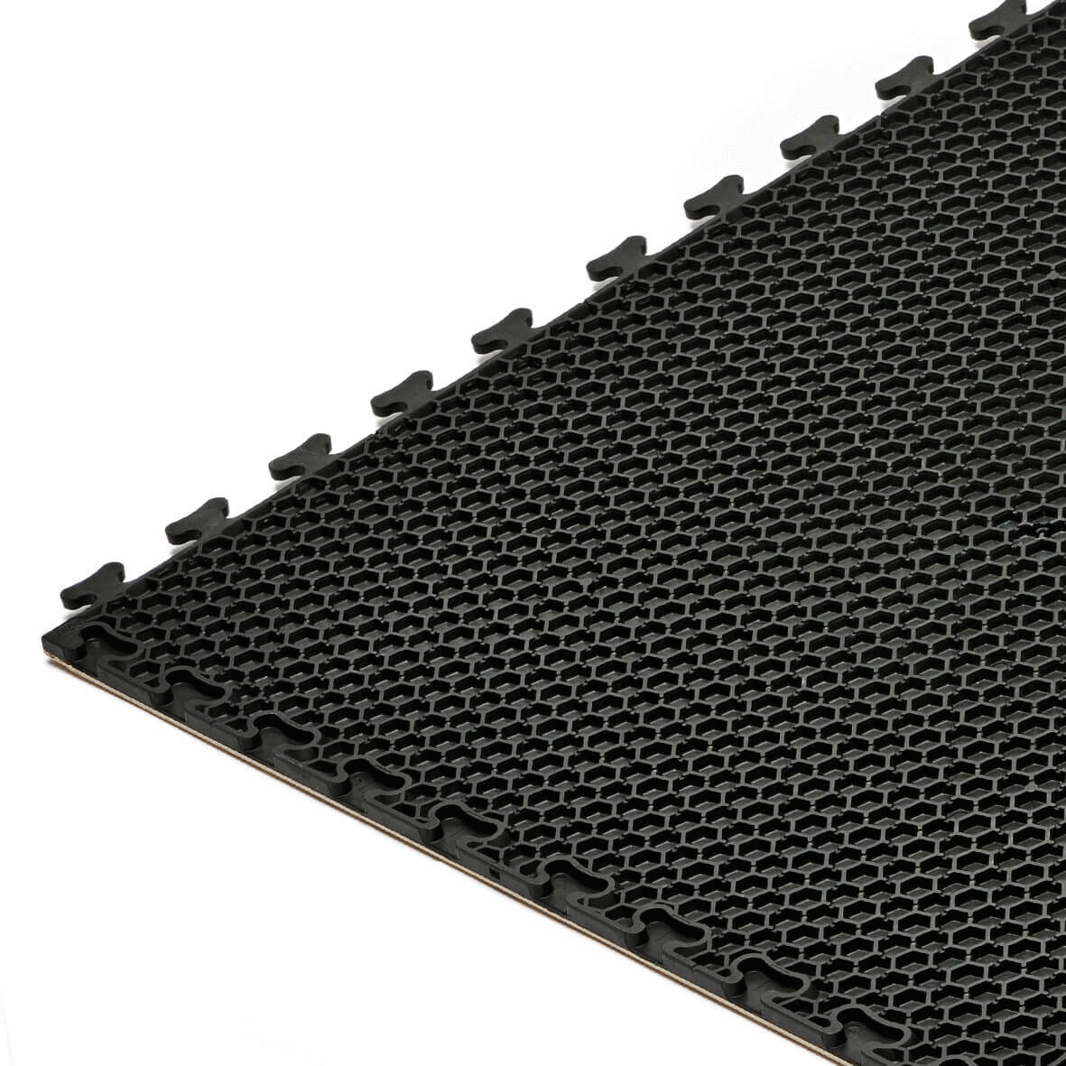 The image shows a rectangular, black rubber mat with a textured, honeycomb-like pattern. The edges have connectors to join multiple mats together.