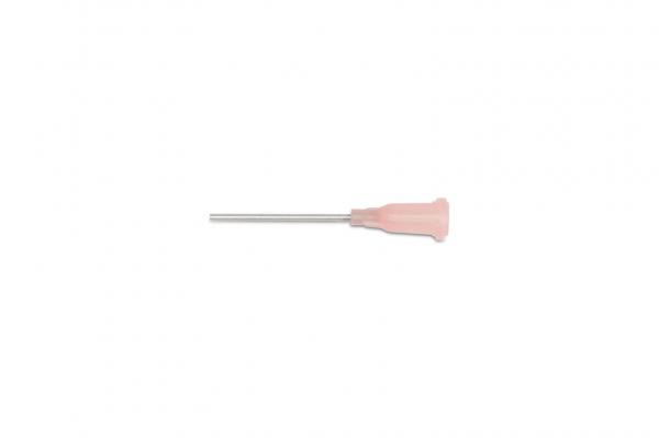 The image shows a long, narrow medical catheter with a pale pink plastic handle surface. The metal body is straight and tapered to a point.