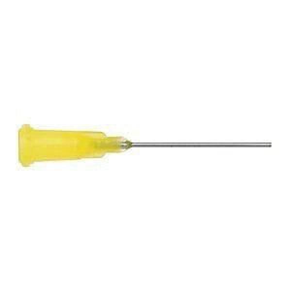 The image shows a syringe with a long, thin needle and a yellow handle. The needle is metallic and shiny, while the handle is made of plastic and has a rough surface.