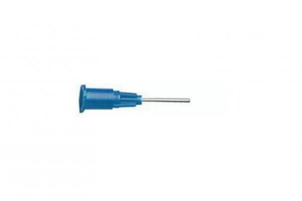 The image shows a syringe with a blue plastic handle and a long, narrow needle. The handle is round and has a slightly raised shape. The needle is thin and metallic.