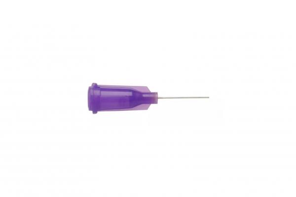 The image shows a syringe with a purple cap. The central part is transparent, and the metal part is thin and elongated. The syringe appears medical and sterile.