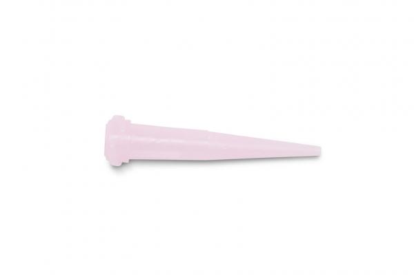 The image shows a small, cone-shaped object in pale pink. It has a wide base and tapers to a pointed tip. The surface is smooth.