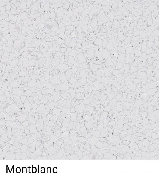 Das Bild zeigt eine helle, nahezu weiße Oberfläche mit feinen, unregelmäßigen, grauen und schwarzen Einsprengseln, die an Marmor oder einen mineralischen Belag erinnern. Darunter steht das Wort "Montblanc".