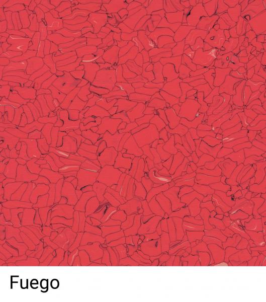 Das Bild zeigt eine Fläche in einem intensiven Rotton, die mit zahlreichen kleinen, unregelmäßigen Formen gefüllt ist. Der Titel ?Fuego? steht unten.