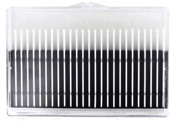 The image shows a transparent box filled with many thin, parallel black and white strands. The strands are evenly arranged and form a pattern.