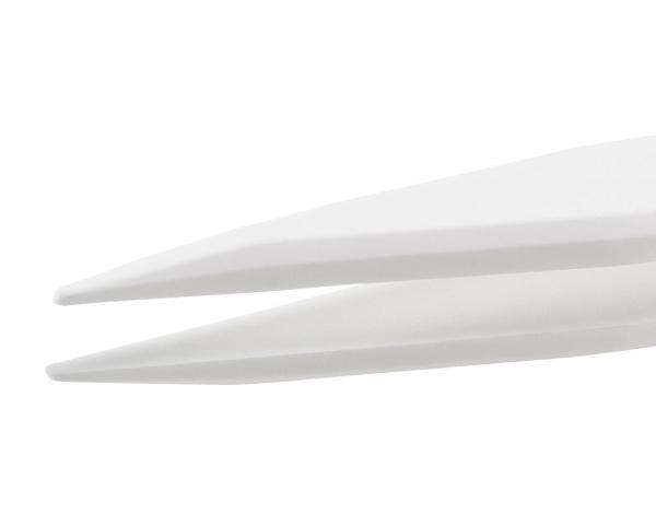 The image shows a white tweezer with two pointed ends that open in the middle. It has a simple, smooth handle and appears sterile and functional.