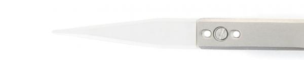 The image shows a narrow, pointed knife with a transparent blade and a silver handle. The handle has two small holes and a round indentation in the middle.