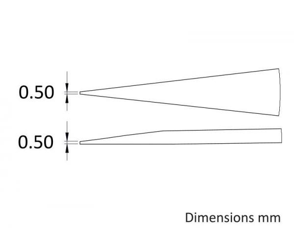 The image shows two schematic top views. The top one is a conical body, the bottom one is an elongated body. Both have dimensions of 0.50 mm.