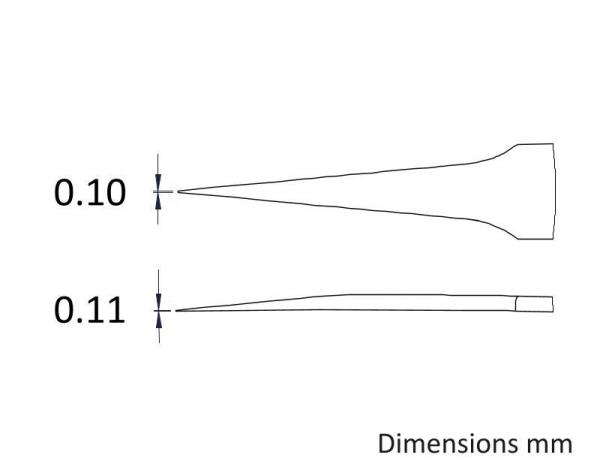 Das Bild zeigt zwei schmale, konische Formen mit den Abmessungen 0,10 mm und 0,11 mm. Die obere Form hat eine breite Basis, die untere ist gleichmäßig schmaler.