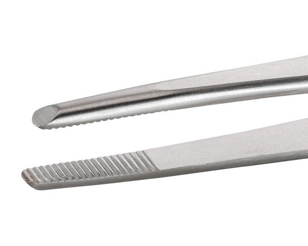 The image shows two stainless steel tweezers. One has a smooth tip, the other a serrated one. Both are slim and straight, with a shiny surface.