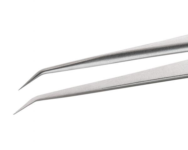 The image shows a straight tweezer made of silver-colored metal. The ends are pointed and slightly curved upwards, ideal for grasping fine objects.