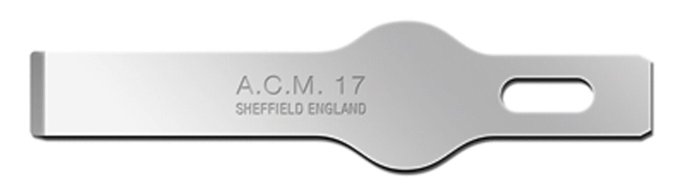 The image displays a flat, metallic tool. It has a central recess and bears the engraving "A.C.M. 17" as well as "SHEFFIELD ENGLAND". The edges are straight and smooth.