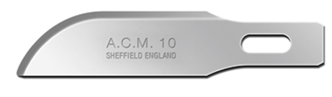 The image shows a smooth, curved metal blade with a sharp edge. Engraved in the blade are "A.C.M. 10" and "SHEFFIELD ENGLAND".