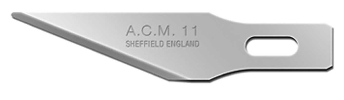 The image shows a sharp metal blade with a pointed, curved shape. On the blade is the imprint "A.G.M. 11 SHEFFIELD ENGLAND". It has a hole for mounting.