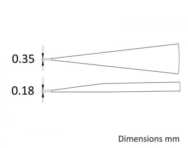 Das Bild zeigt zwei konische Formen, eine mit einem Durchmesser von 0,35 mm und die andere von 0,18 mm. Beide Formen sind schematisch dargestellt, mit Maßangaben in Millimetern.