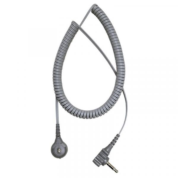 The image shows a gray spiral cable. It has a round connector on one end and a plug-in connector on the other end. The cable appears flexible and elastic.