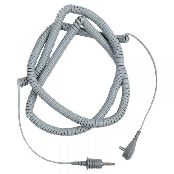 The image shows a gray spiral cable. It is neatly coiled, and there is a small plug at one end. The cable appears flexible and is suitable for audio connections.