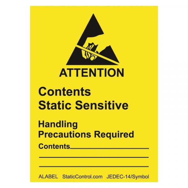 Das Bild zeigt ein leuchtend gelbes Warnschild. Oben befindet sich ein schwarzes Symbol mit einer Hand und einem Dreieck. Darunter steht "ATTENTION", gefolgt von "Contents Static Sensitive" und "Handling Precautions Required".