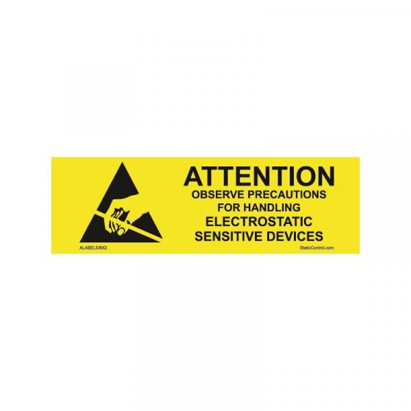 Das Bild zeigt ein gelbes Warnzeichen mit schwarzer Schrift. Es weist darauf hin, Vorsichtsmaßnahmen beim Umgang mit elektrostatisch empfindlichen Geräten zu beachten. Ein Gefahrensymbol ist abgebildet.