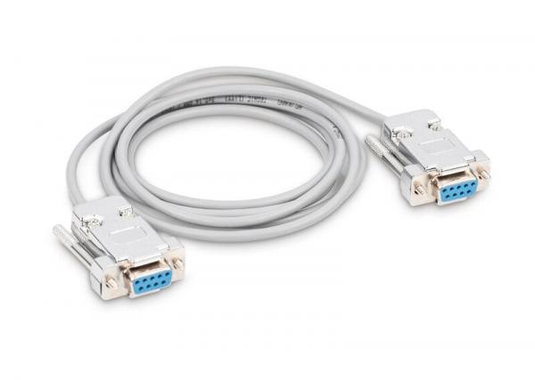 The image shows a gray cable with two D-Sub connectors at the ends. The connectors have 9 pins in a blue row. The cable is slightly wavy and connects the two ports.