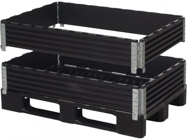 The image shows two stackable, black plastic boxes with open sides. They feature wavy surfaces and are designed in a flat, rectangular format.