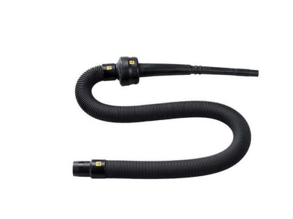 The image shows a flexible, black hose with a curved shape. It has different attachments on both ends that can be used for various applications.