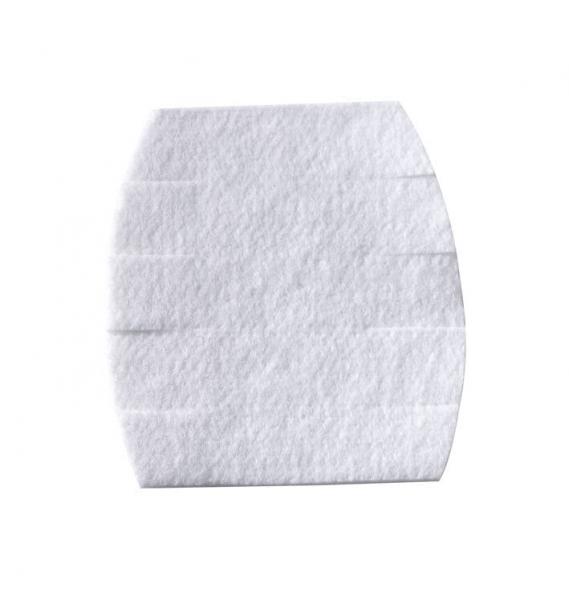 Das Bild zeigt ein Stück weißen Stoff oder Material, das oval geformt ist und mehrere gerade Falten oder Linien aufweist. Es wirkt flach und leicht.