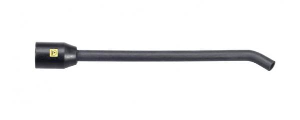 The image shows a long, black hose with a wide, round end. The hose has a slight bend and might belong to a tool or a machine.