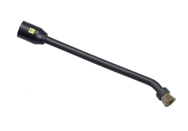 The image shows a black tool with a long, straight handle that is slightly curved at the end. At the tip, there is a brush with finer bristles.