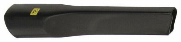 The image shows a black, elongated object with a wide, oval opening at one end. The object has a smooth surface and a yellow logo or symbol on the side.