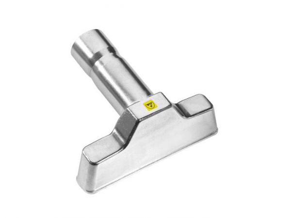 The image displays a metallic tool attachment with a wide, flat base and a cylindrical end. The surface is shiny and reflective, featuring a warning sticker.