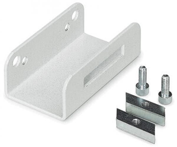 The image displays a white U-shaped metal bracket with two mounting holes. Next to it, there are two small gray screws and two rectangular metal pieces.