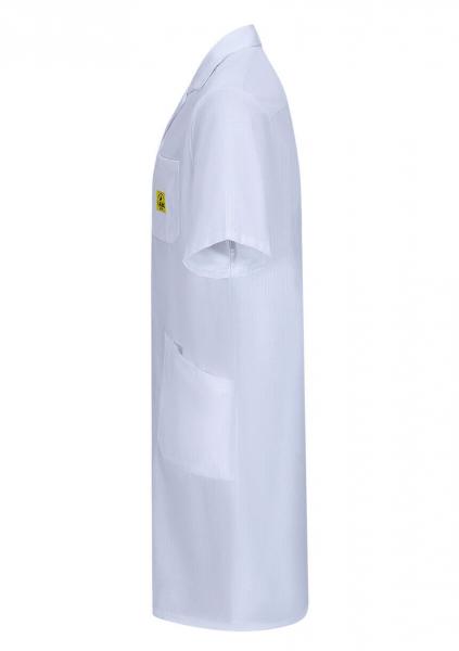 The image shows a white coat with short sleeves. It has a straight fit, a collar, and a chest pocket. There is a yellow marking on the side.